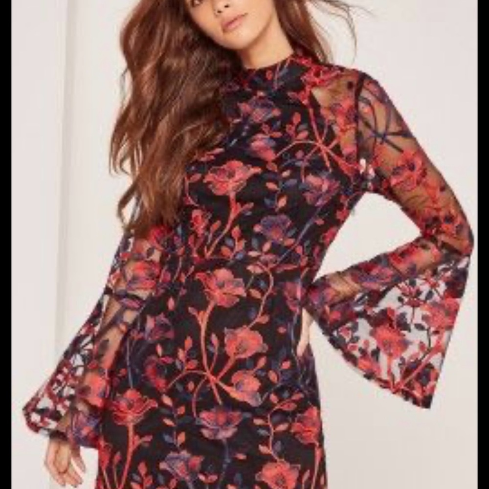 Missguided Black Cocktail Dress with Bell Sleeves and Mock Neck
